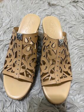 Brighton Tan Laser-Cut Mule Sandals with Silver Accents